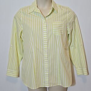 Chico's No Iron Striped Button Down Camp Shirt Size M 8 Green White